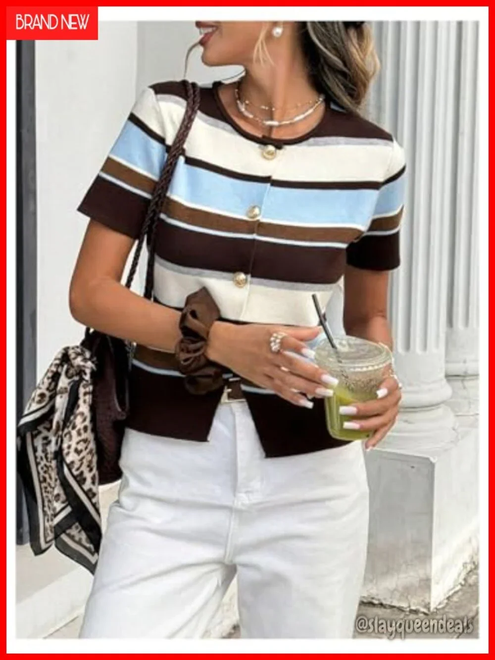 Striped Short Sleeve Crewneck Cardigan Knit Top